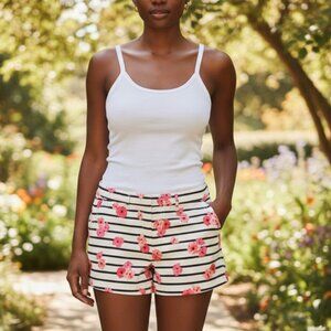 ELLE Striped Poppy Shorts 4 S Pink Red Poppies Black Stripes Inseam 3.50" Preppy